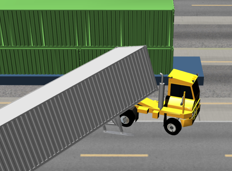 Computer rendering of a tractor trailer accident. Exponent conducts vehicle accident reconstruction and analysis.