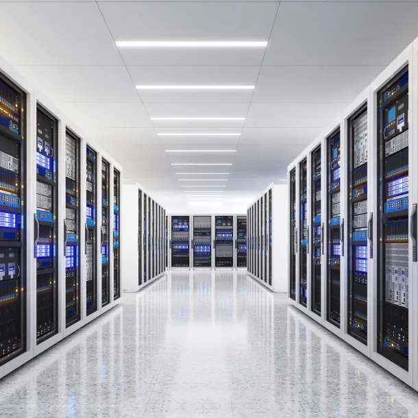 White storage and processing unit, large AI processing server room, data center storage and network processing room, SSD and hard disk drive storage, and processor cooling system,3D rendering