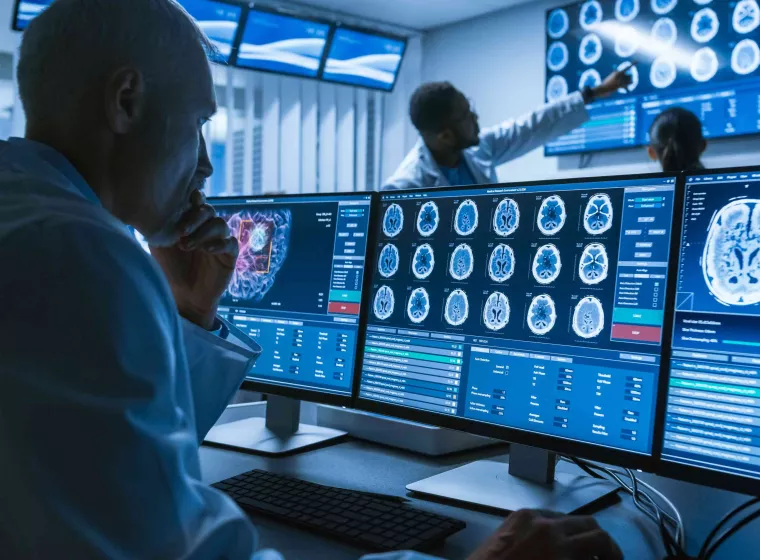 Person wearing a lab coat looks at screens in medical setting