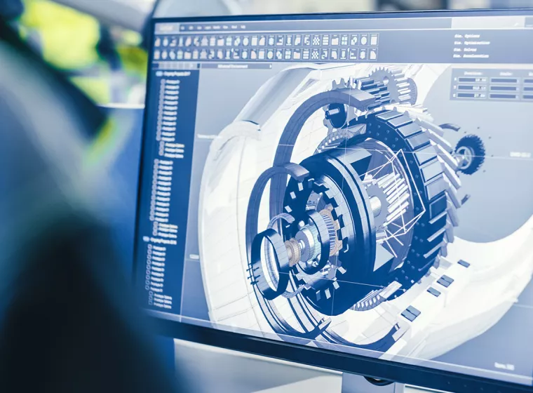 A computer screen displaying a photo of a mechanical design. Exponent provides mechanical engineering design support.