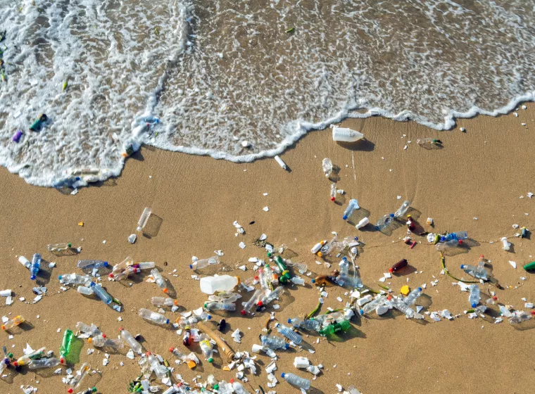 Waves pushing plastic waste to the beach