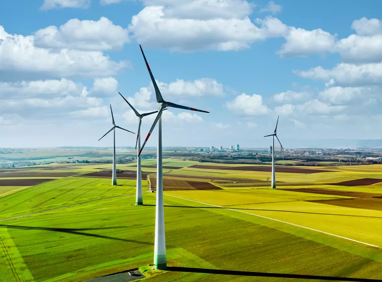 Wind turbines standing in a field of crops on a sunny day. Exponent engineers provide support for all energy systems.