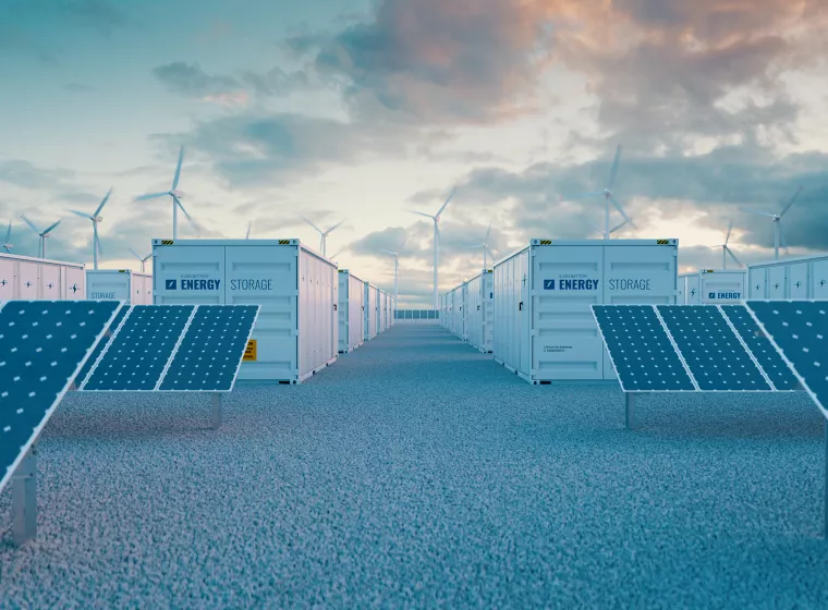 Battery storage power station accompanied by solar and wind turbine power plants