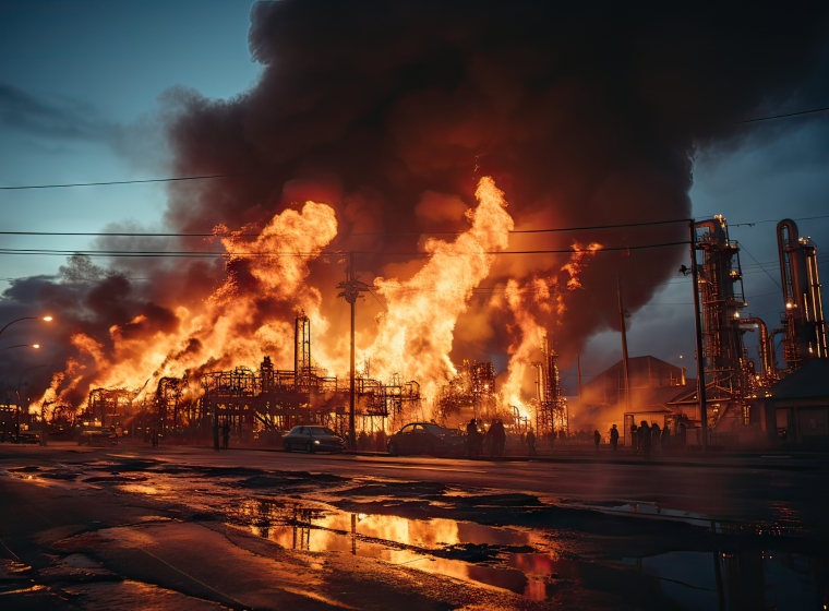 Oil depot fire at night. Dark smoke billowing from the fuel depot. Dramatic scene of an industrial fire at an oil refining factory. Emergency and disaster concept.