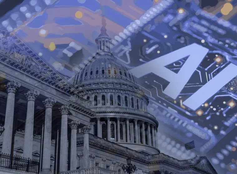 Photo of the United States Capitol with overlayed computer circuitry. The regulation of ai will be important in the changing world