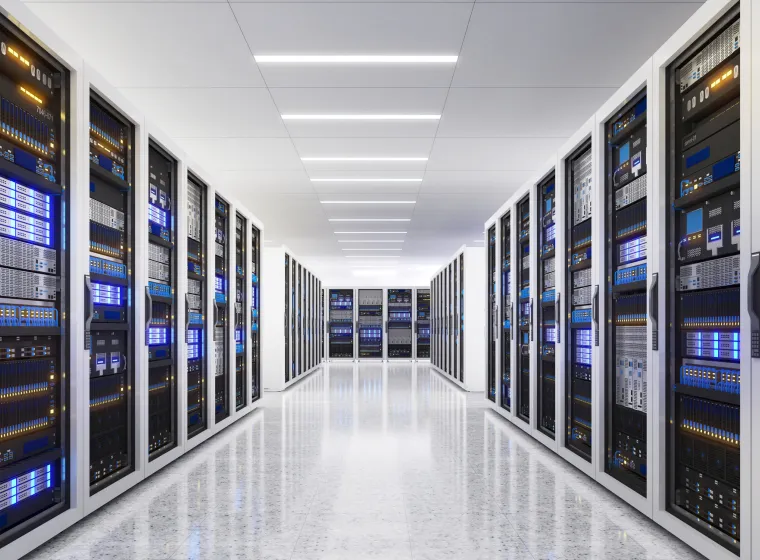 White storage and processing unit, large AI processing server room, data center storage and network processing room, SSD and hard disk drive storage, and processor cooling system,3D rendering