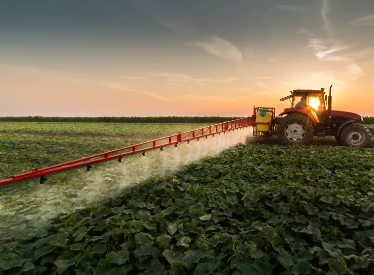 Tractor spraying pesticides on vegetable field with sprayer at spring