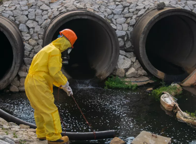 Hazmat worker performs hazardous material cleanup. Exponent provides technical support for all types of industrial contamination