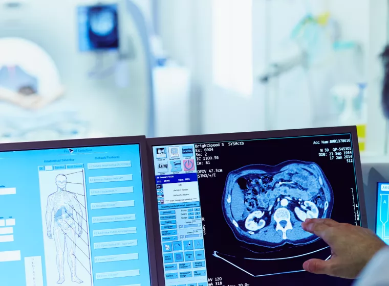 Experts examine internal organ scan on computer screen. Exponent examines medical devices for safety, compliance and resiliency.