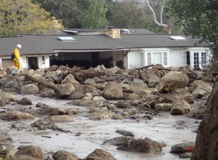 House destroyed by Montecito debris flow. Exponent risk assessments of external hazards and natural disasters.