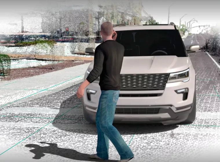 A recreation of a man on a cell phone walking in front of a white SUV.  