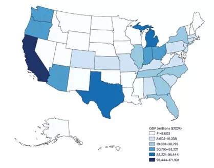 Figure 1: Total GDP Impact for States of Selected Sectors Dependent on Fluorochemistries, from Essential-Chemistries_-Providing-Benefits-Across-the-U.S.-Economy.pdf (uschamber.com).