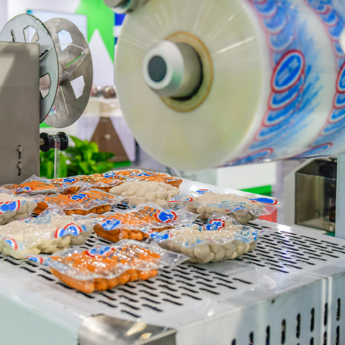 Hotdogs being wrapped by an automated machine at a food packaging plant 