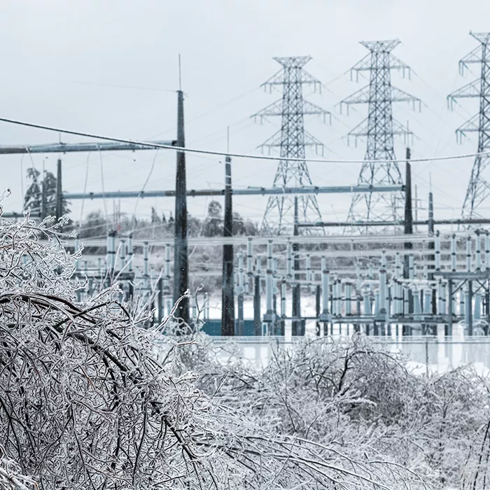 Power lines frozen over in an ice storm