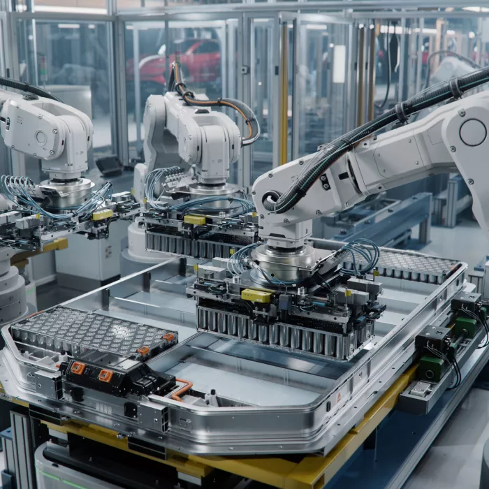 Industrial Robot Arms Assemble Lithium-Ion EV Battery Pack
