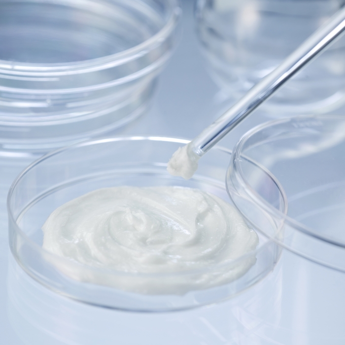 Testing cream in a glass dish