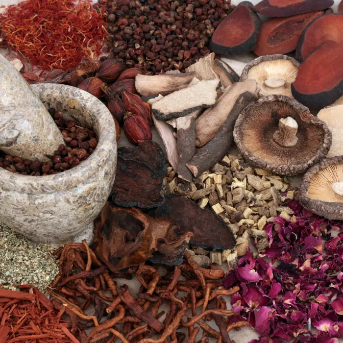 Traditional chinese herbal medicine selection with mortar and pestle forming a background.