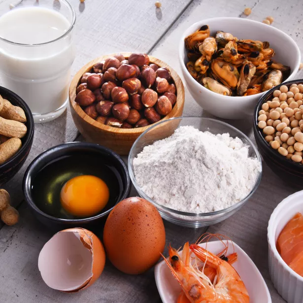 Composition with common food allergens including egg, milk, soya, peanuts, hazelnut, fish, seafood and wheat flour