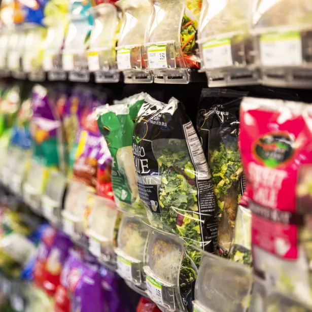 food and beverage products in plastic packaging shot in a supermarket