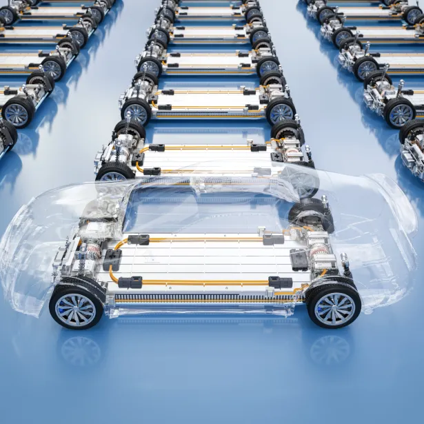 3d rendering electric cars assembly line with pack of battery cells module on platform