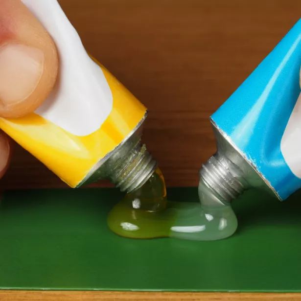 Hands holding two tubes of thermosets (epoxies, silicones, polyurethanes, etc.) mixing together