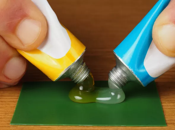 Hands holding two tubes of thermosets (epoxies, silicones, polyurethanes, etc.) mixing together