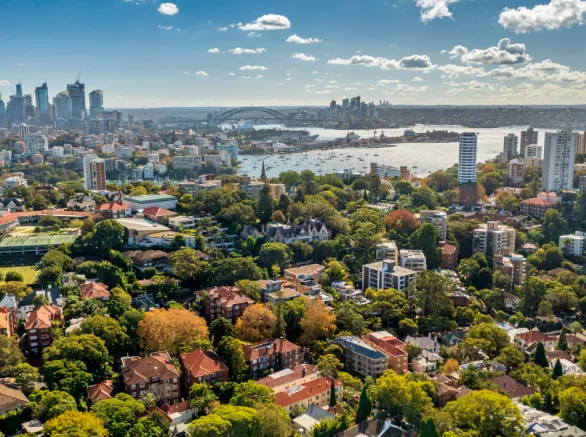 Aerial view of city by a bay with brownstone buildings and trees against a background of high-rise uildings and an arched bridge over the bay