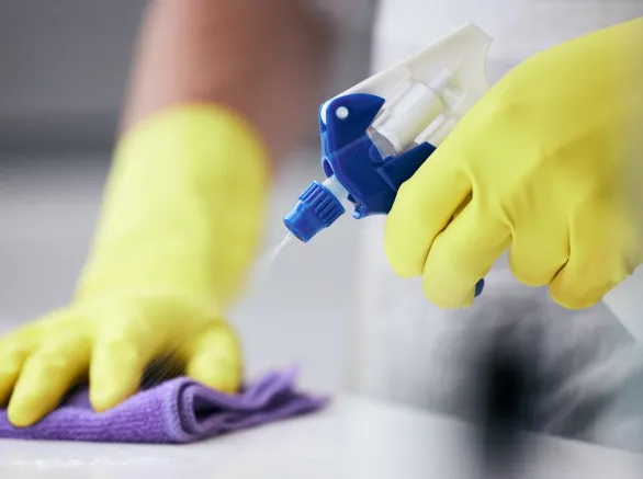 Using spray and cloth cleaning a surface at home