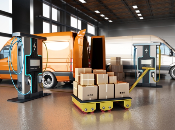 Electric commercial vehicles, industrial charging stations and stack of cargo boxes inside a distribution warehouse