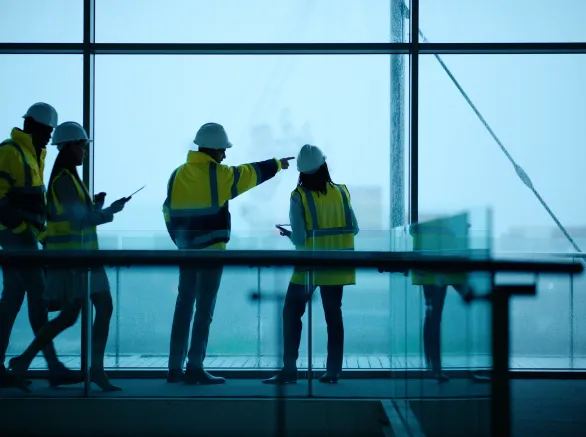 Construction, engineering and teamwork with building project, people and cooperation with brainstorming. Group, architects and industrial with support and modern office with safety and collaboration