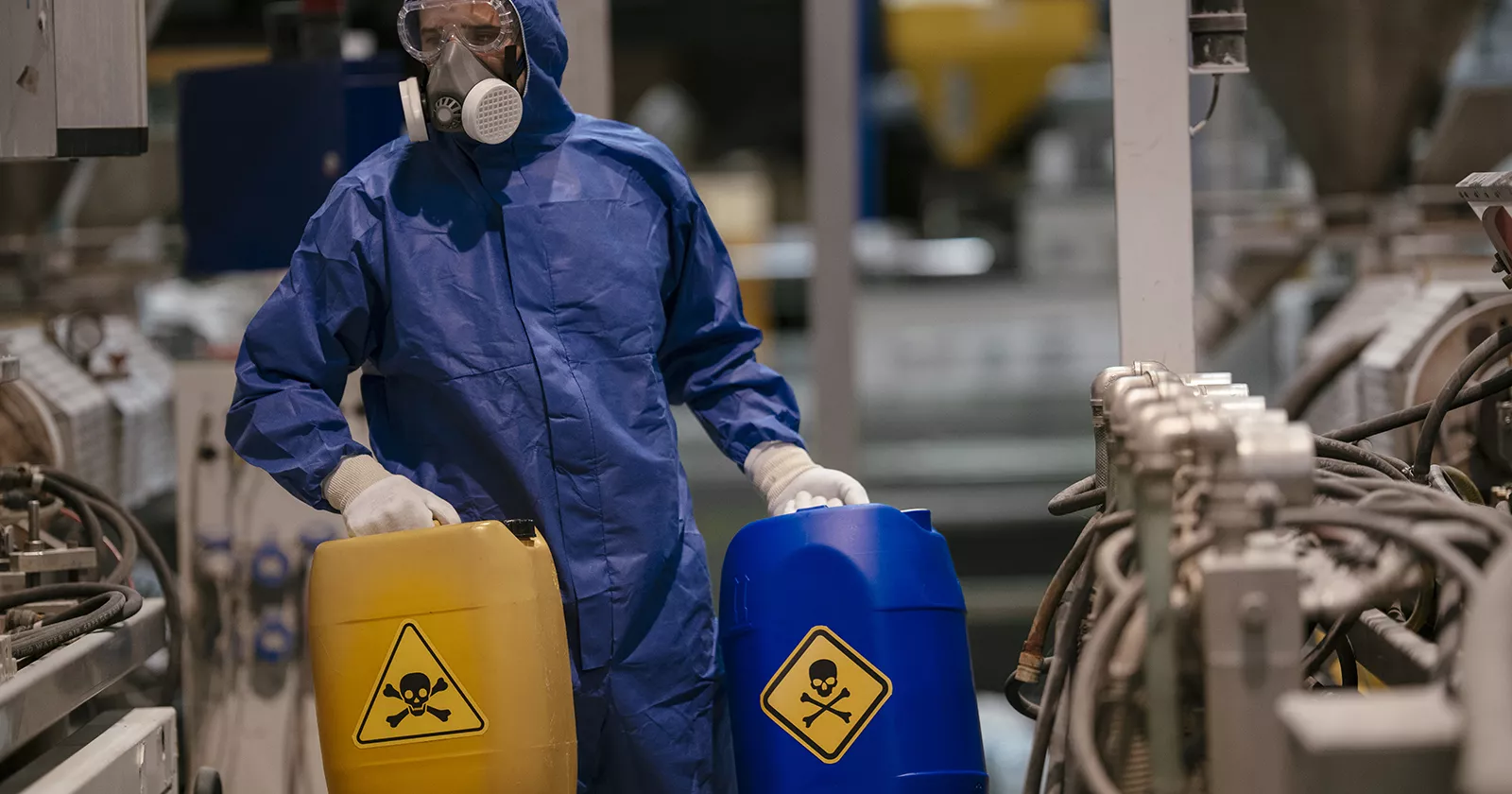 Worker handles hazardous materials. Exponent consultants provide technical expertise for chemical safety and compliance.