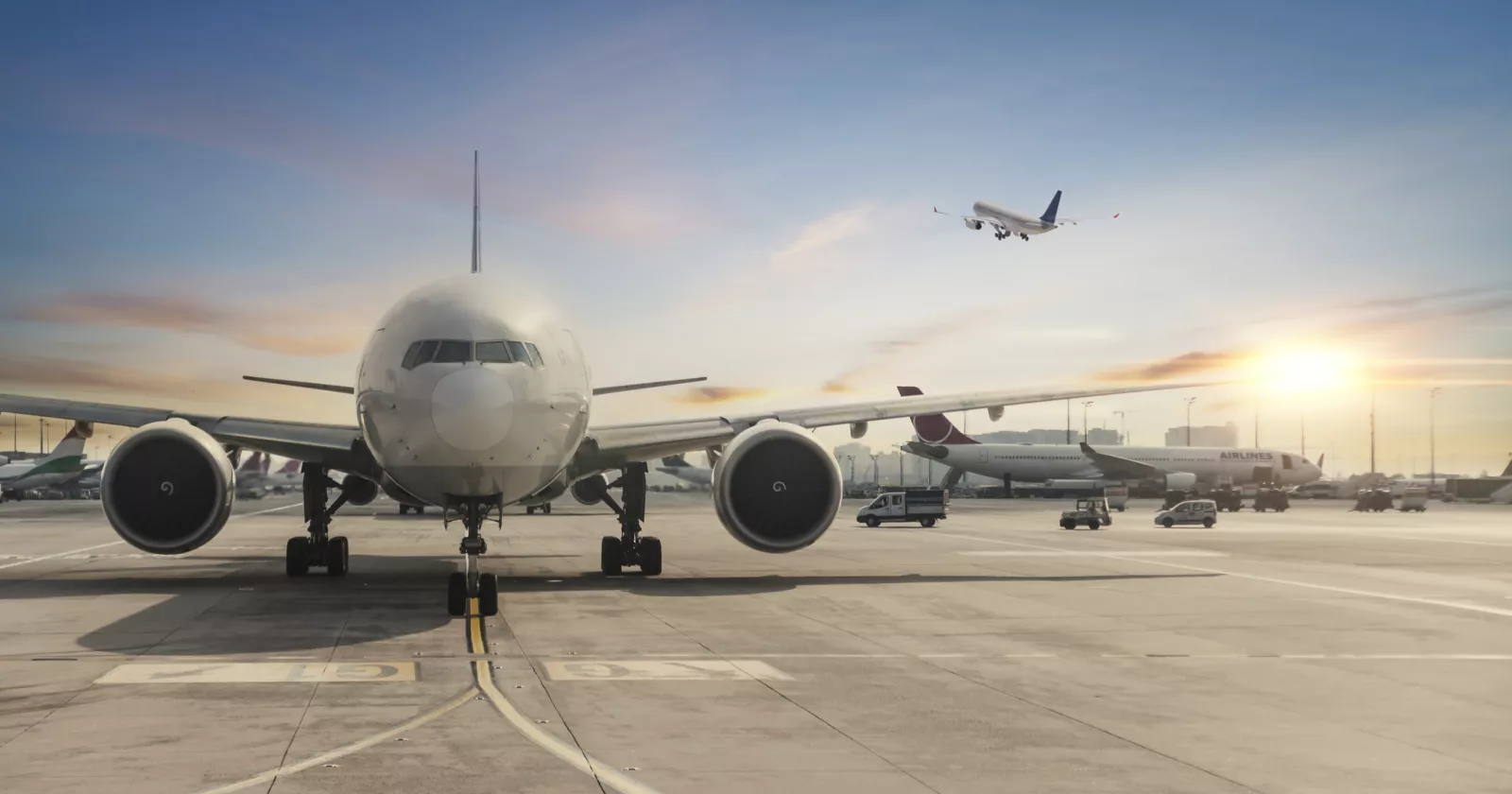 Front view of landed airplane