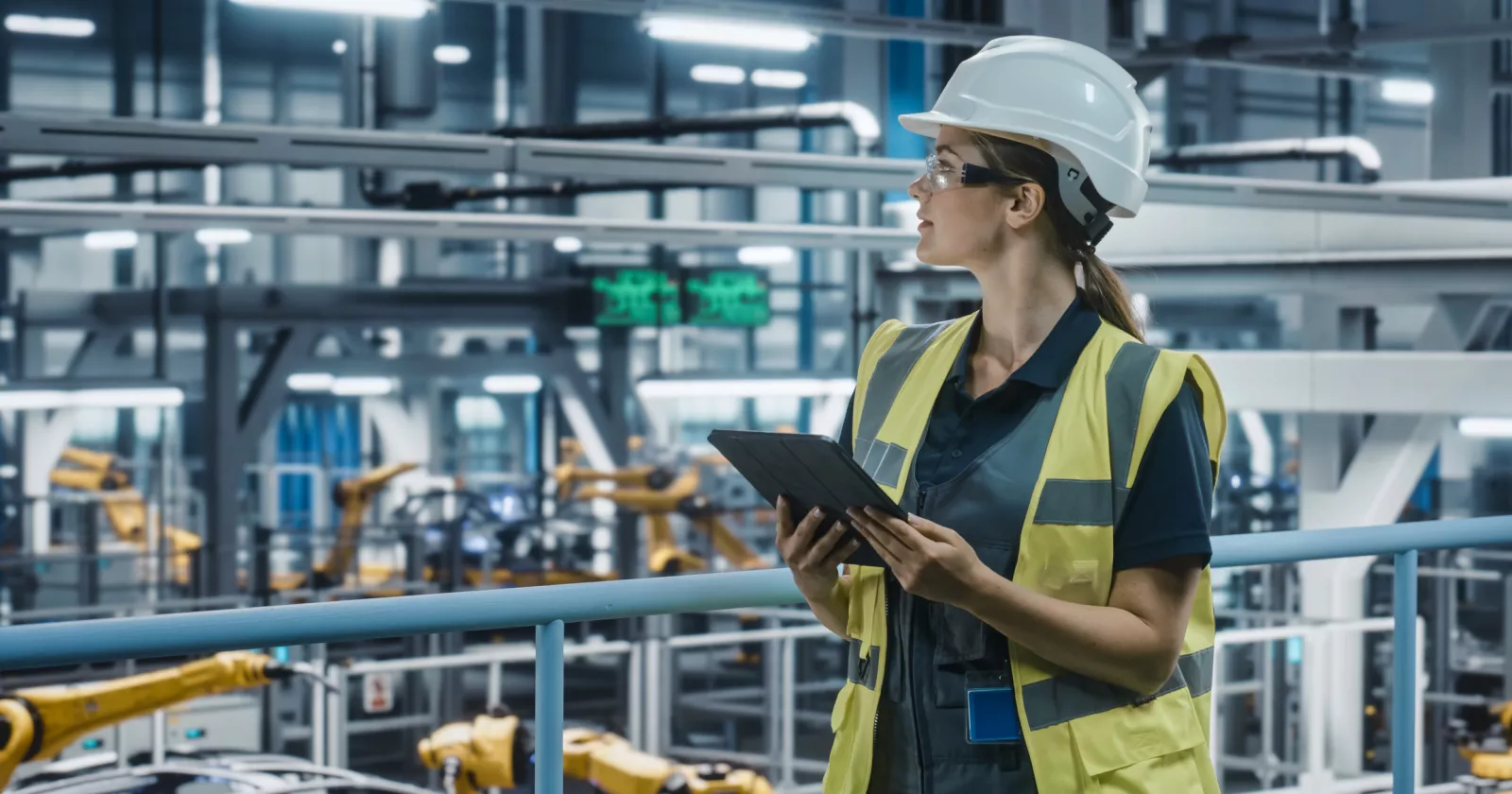 Female Car Factory Engineer in High Visibility Vest Using Tablet Computer