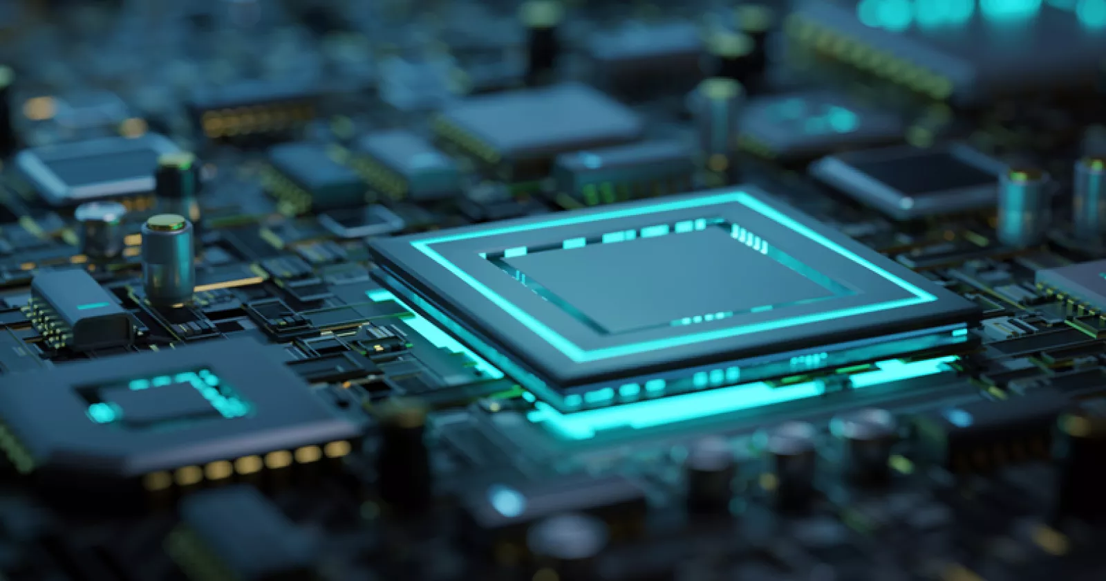 A green glow radiates from a computer circuit board. Exponent engineers analyze the thermal and electrical performance support. 