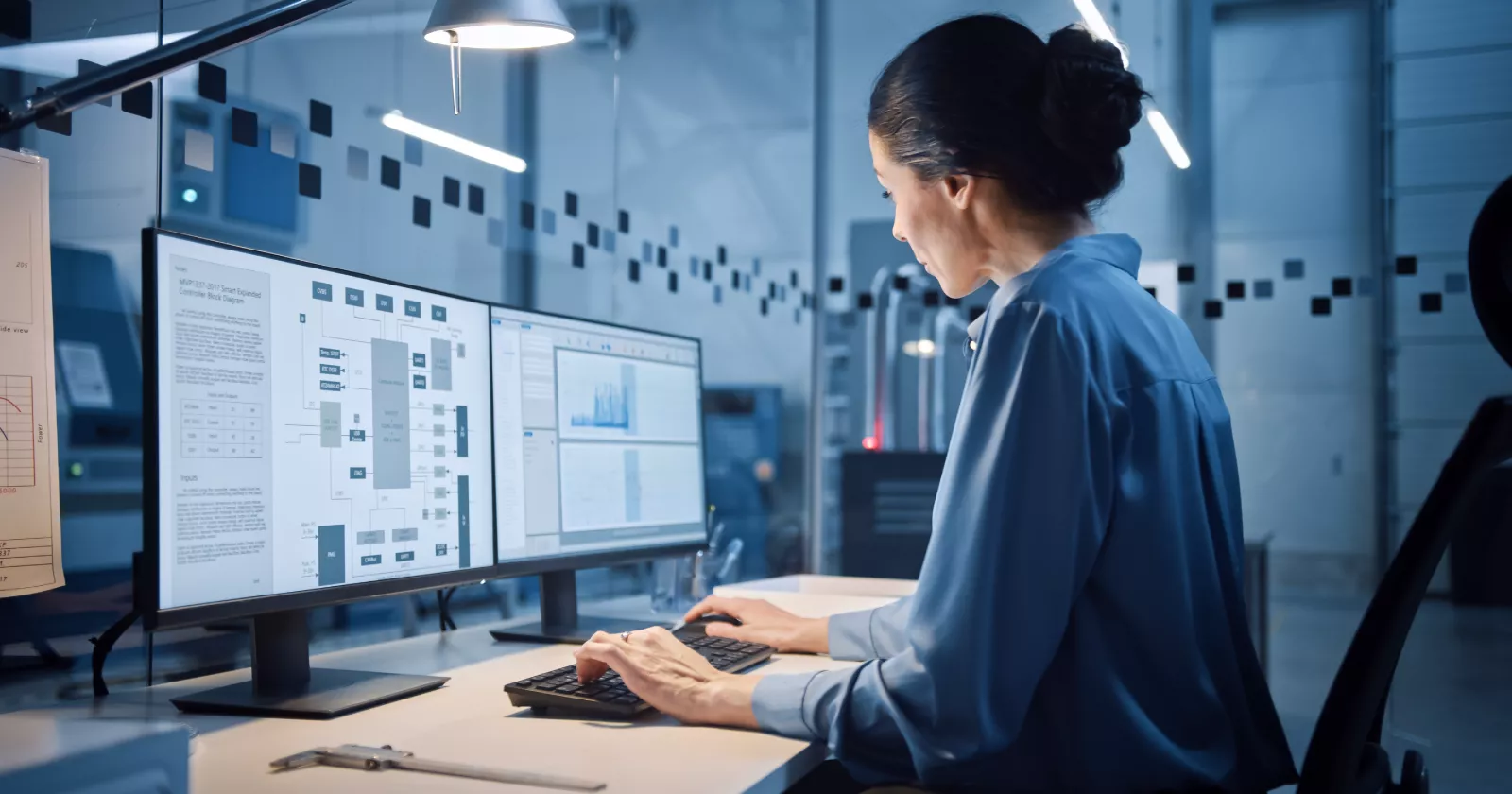 Data engineer reviews data on two monitors. Exponent provides expert support for all areas of integrated sensor system design and analysis.