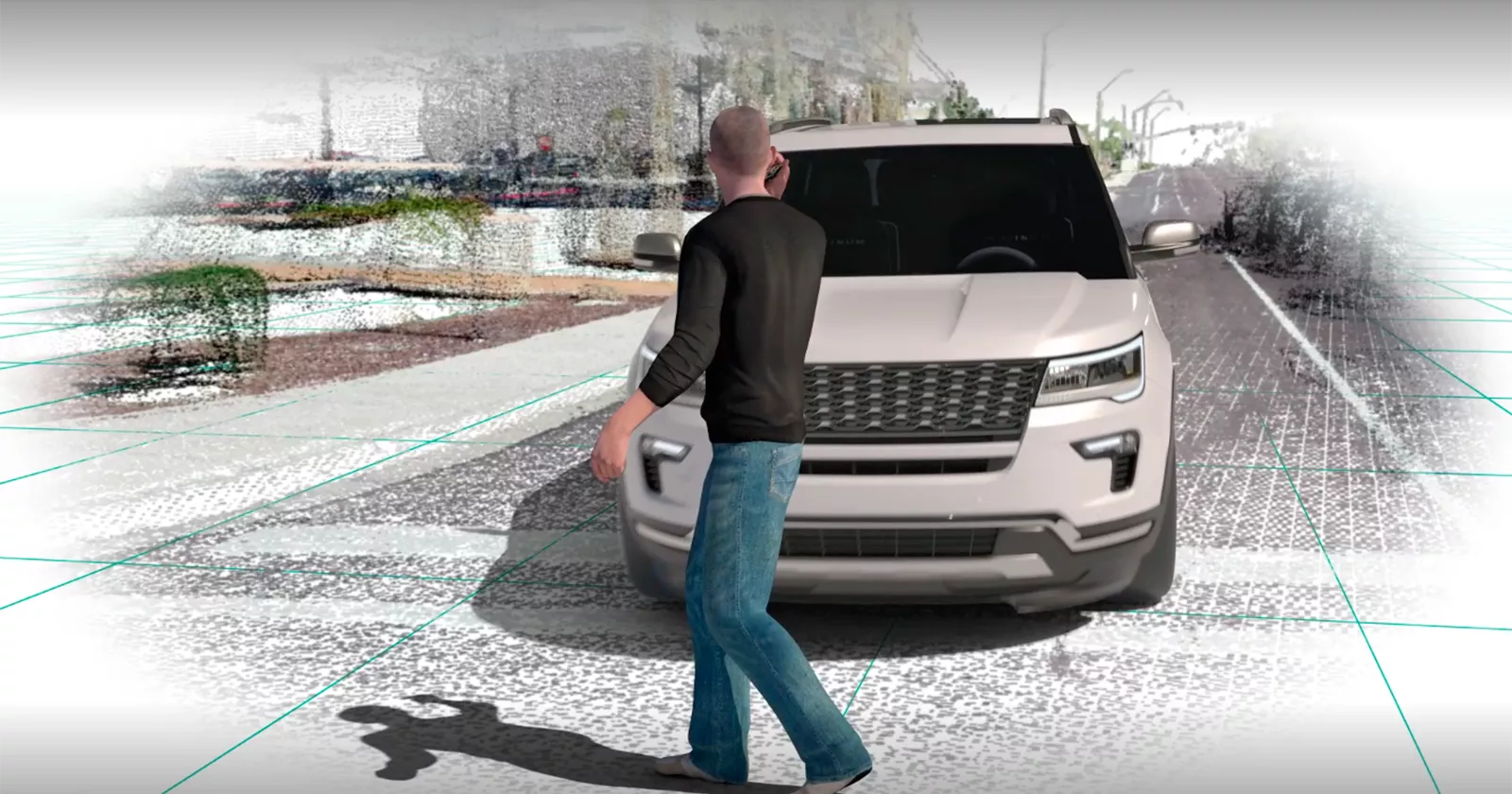 A recreation of a man on a cell phone walking in front of a white SUV.  