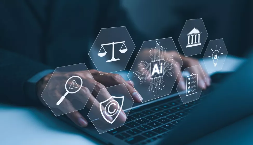 Hand typing on laptop with digital icons representing artificial intelligence, legal standard, ethics, and regulatory compliance, Technology law and policy, copyright,