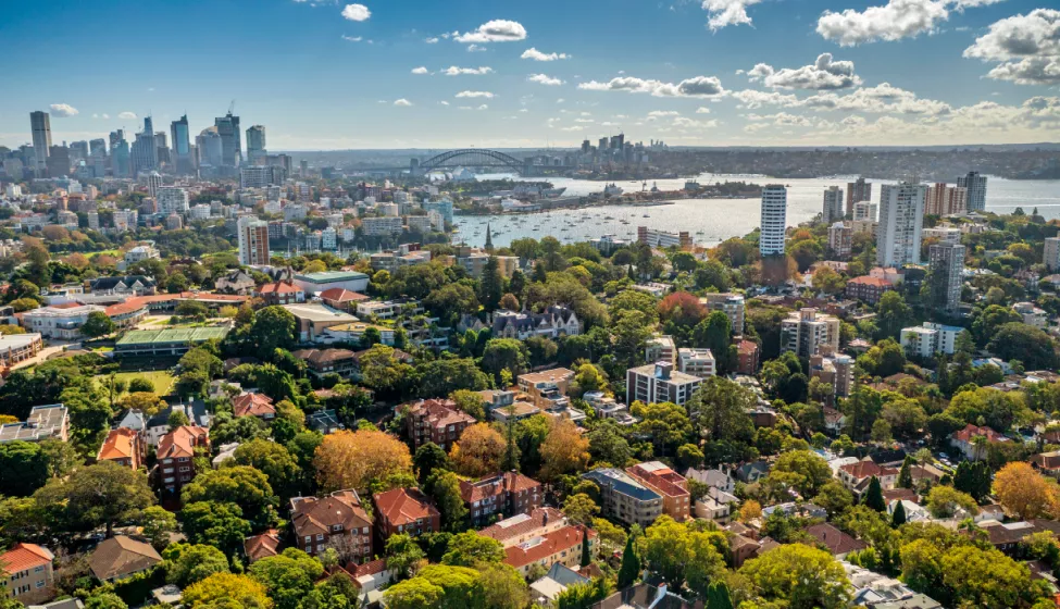 Aerial view of city by a bay with brownstone buildings and trees against a background of high-rise uildings and an arched bridge over the bay