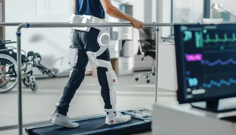 Person walking on treadmill with white electronic leg braces attaching a waist, with monitoring screen in the foreground showing vital signs