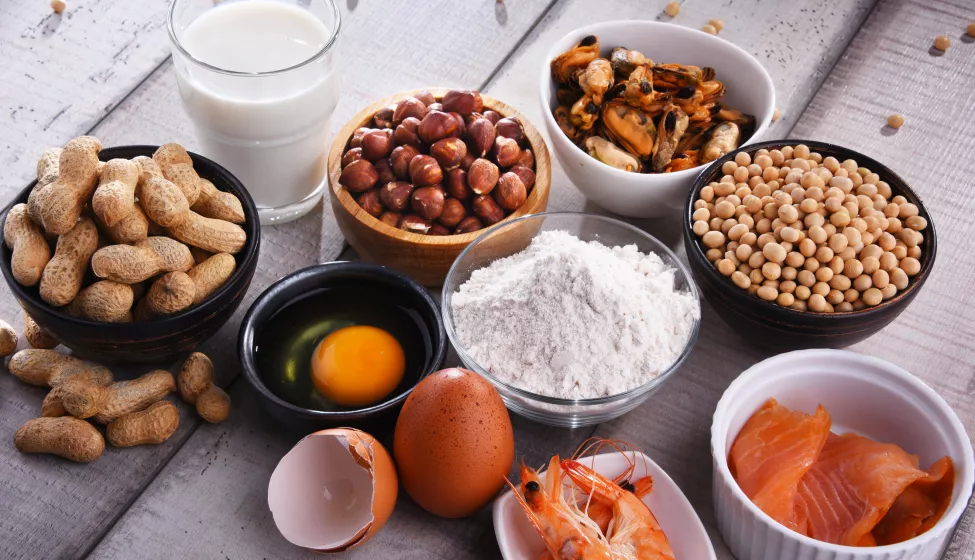 Composition with common food allergens including egg, milk, soya, peanuts, hazelnut, fish, seafood and wheat flour