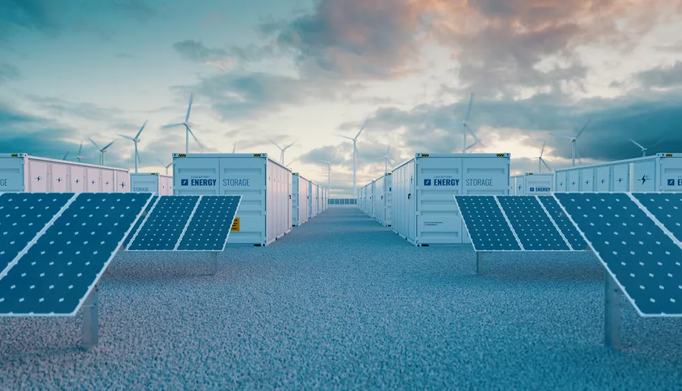 Battery storage power station accompanied by solar and wind turbine power plants