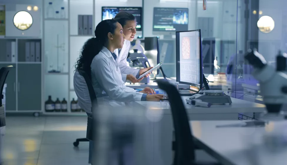 Medical scientists analyzing research scans on a computer.