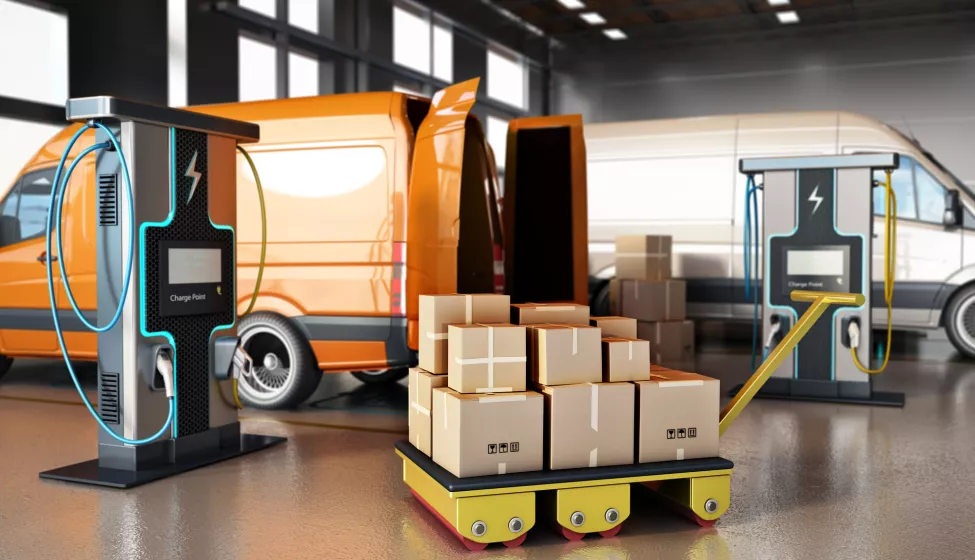 Electric commercial vehicles, industrial charging stations and stack of cargo boxes inside a distribution warehouse