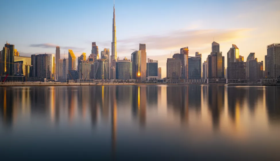 Long Exposure of The Business Bay Dubai City Skyline at Twilight