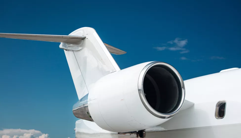 Private jet airplane engine close up