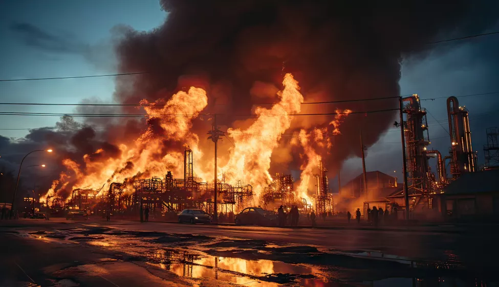 Oil depot fire at night. Dark smoke billowing from the fuel depot. Dramatic scene of an industrial fire at an oil refining factory. Emergency and disaster concept.