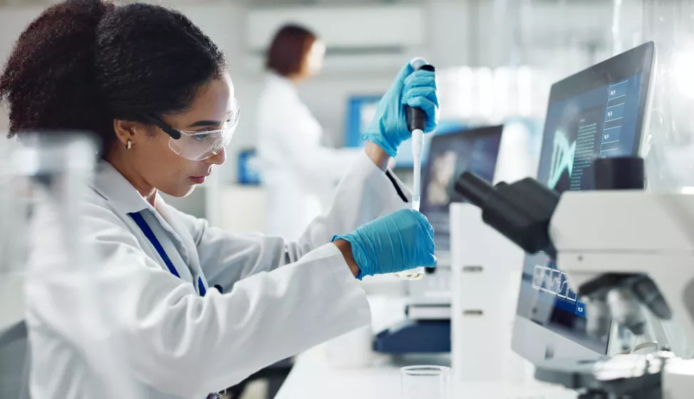 Test tubes, dropper and woman scientist in laboratory for medical study, research or experiment