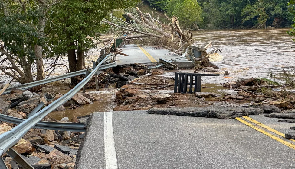 Washed out Low Water Bridge in Fries, VA from Hurricane Helene