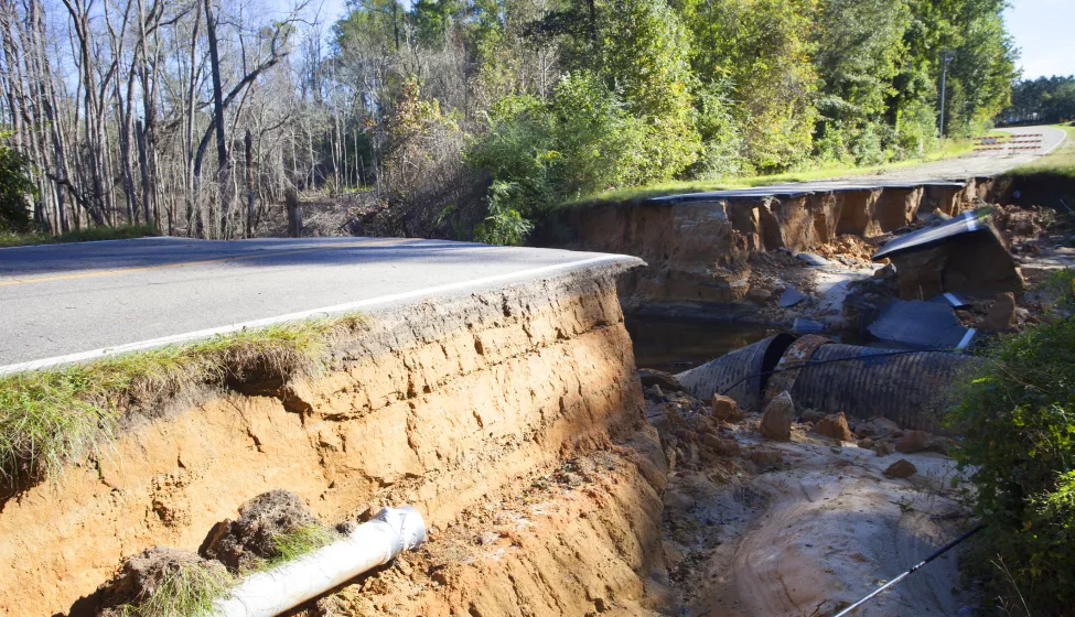 Road new Fayetteville North Carolina that has collapsed after Hurricane Matthew