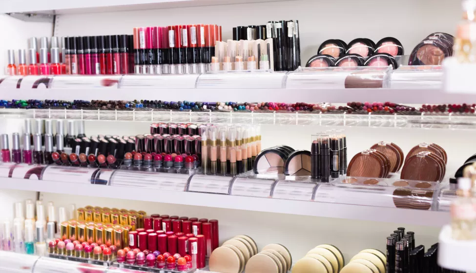 Makeup products on a store shelf